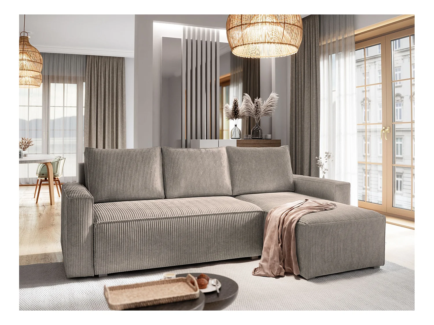 Canapé d'angle POTARO Beige en velours côtelé avec fonction de couchage