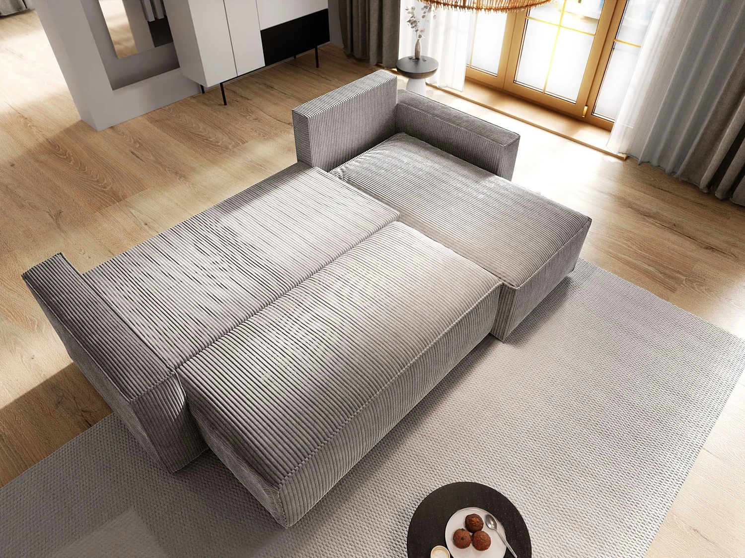 Canapé d'angle POTARO Beige en velours côtelé avec fonction de couchage