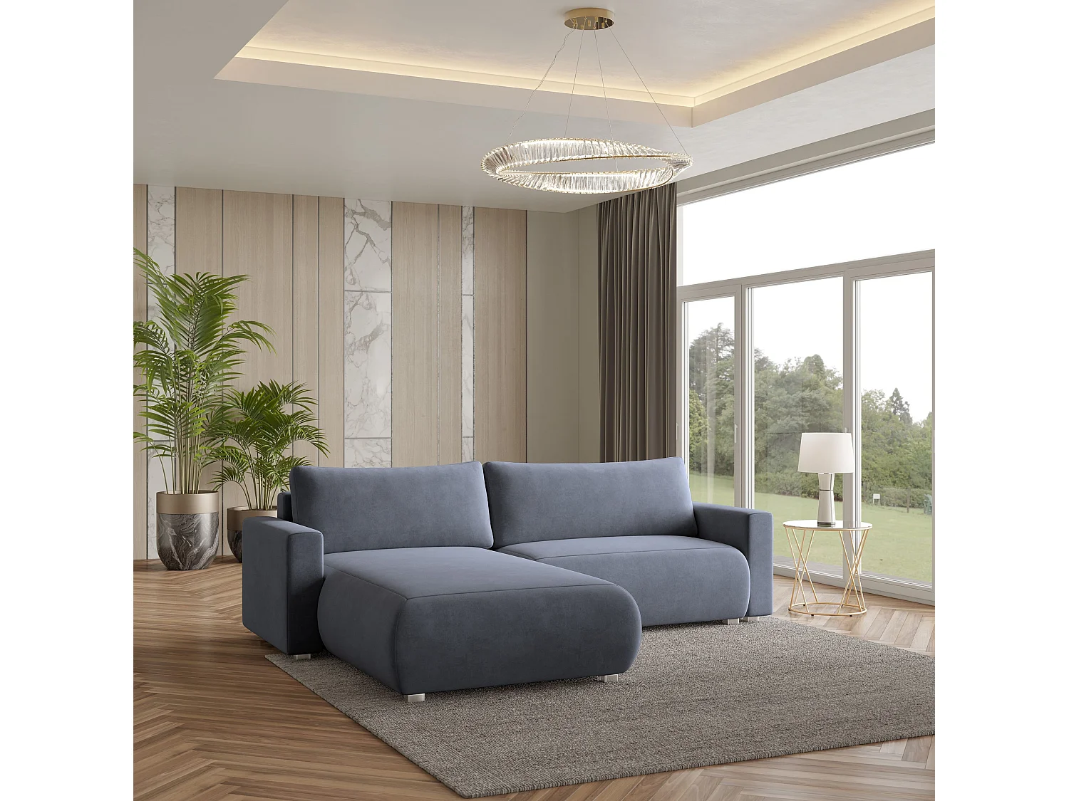 Canapé d'angle TURIN Gris en velours avec fonction de couchage