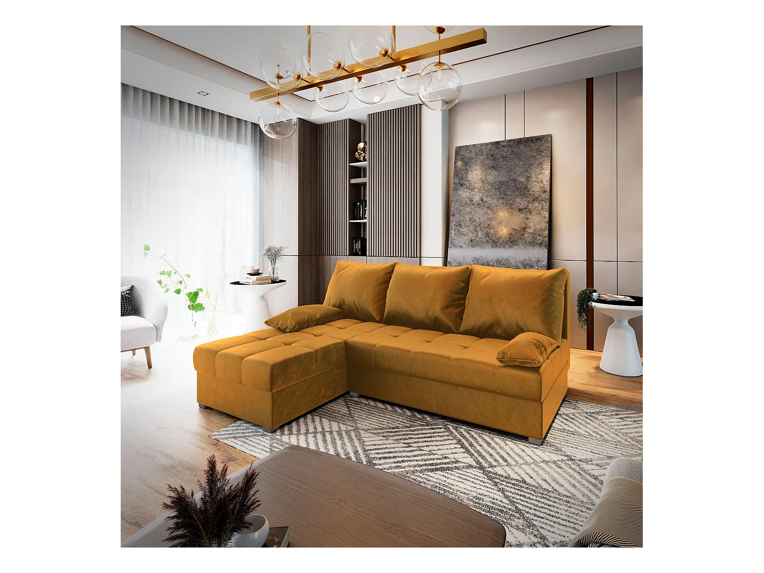 ECKSOFA RITA Orange Plüsch-Stoff mit Schlaffunktion
