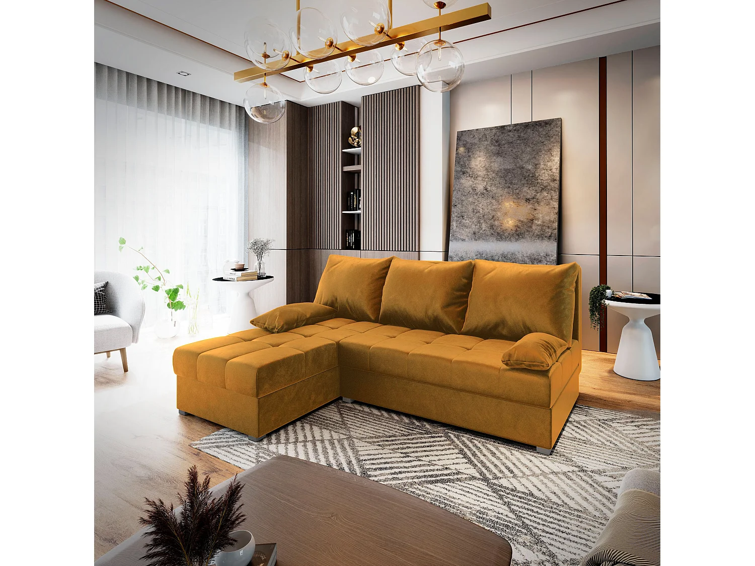 Canapé d'angle RITA Jaune moutarde en peluche avec fonction de couchage