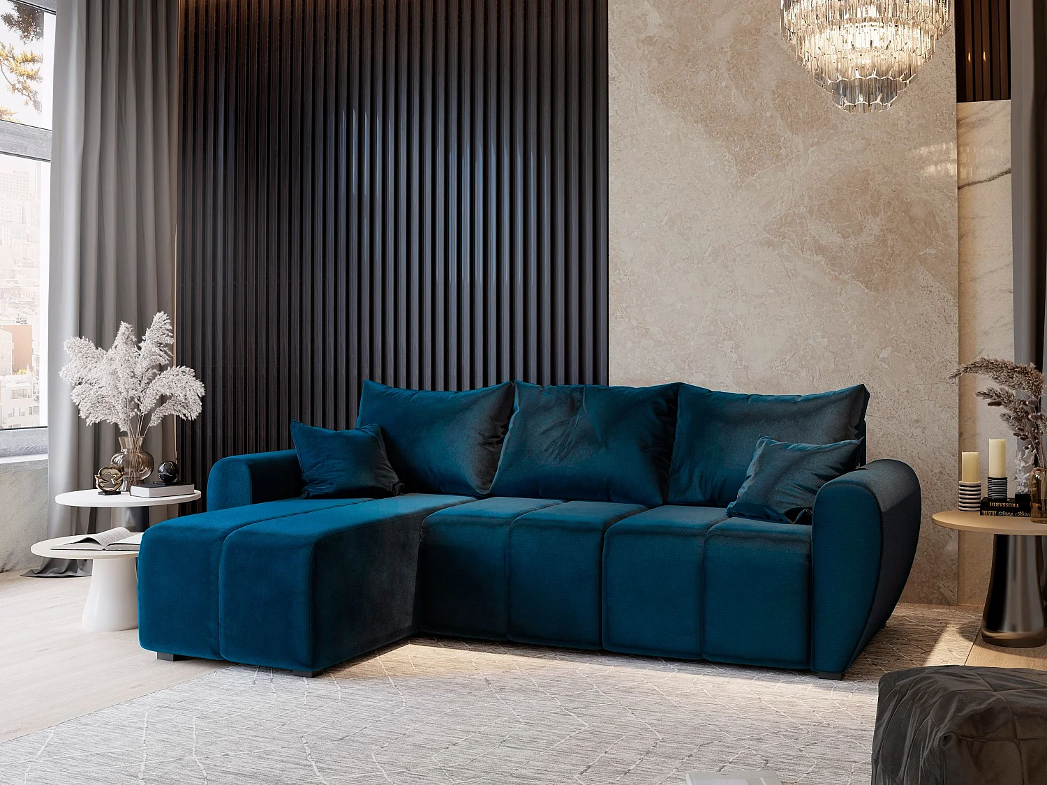 Canapé d'angle MADISON Bleu en peluche avec fonction de couchage