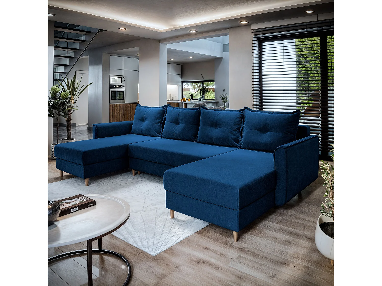 Canapé d'angle VERNI Bleu en peluche avec fonction de couchage