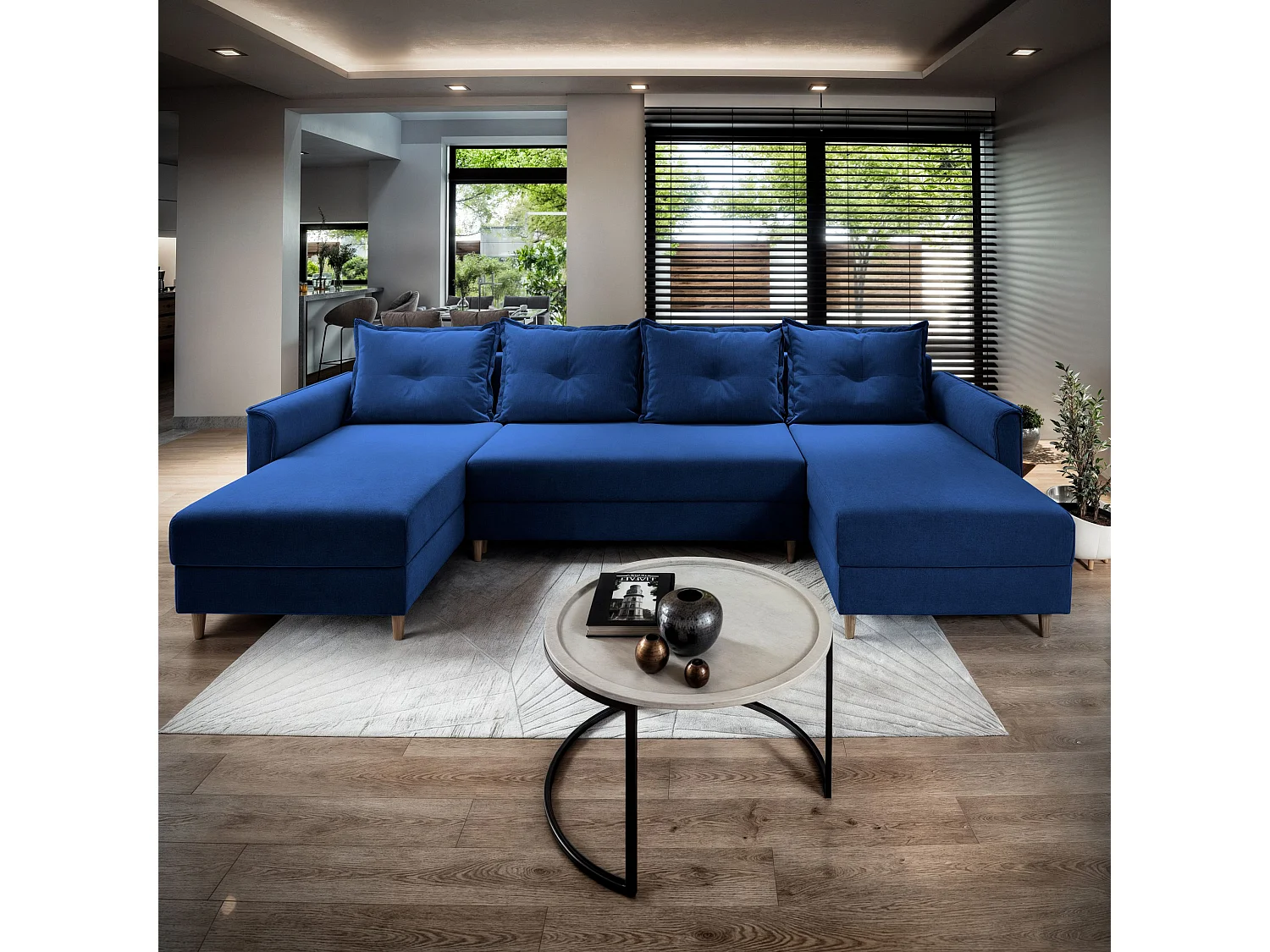 Canapé d'angle VERNI Bleu en peluche avec fonction de couchage