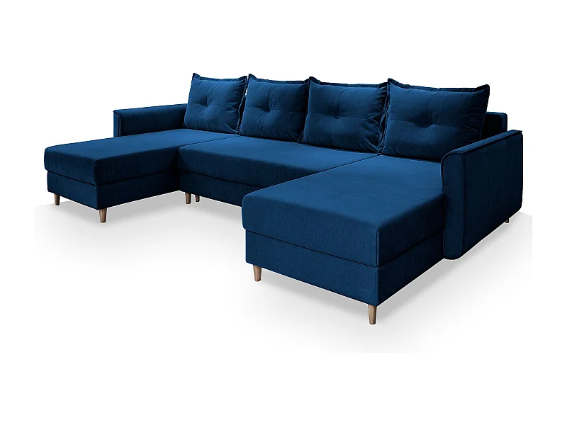 Canapé d'angle VERNI Bleu en peluche avec fonction de couchage