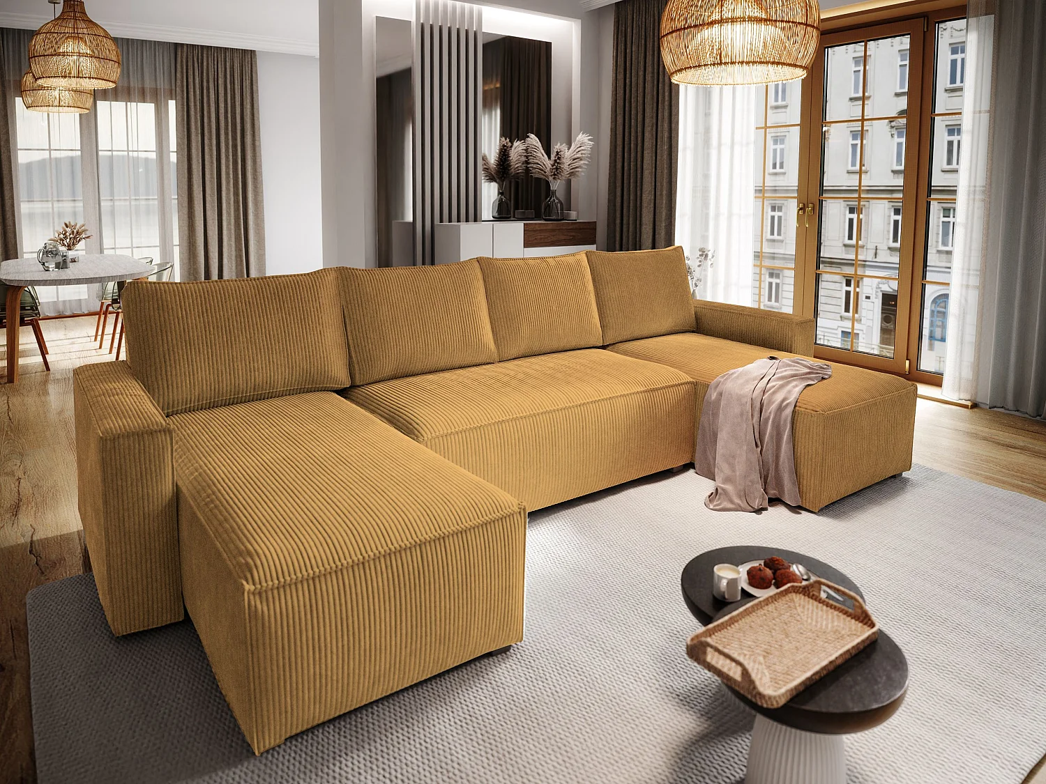 Canapé d'angle ASPRA Jaune en velours côtelé avec fonction de couchage