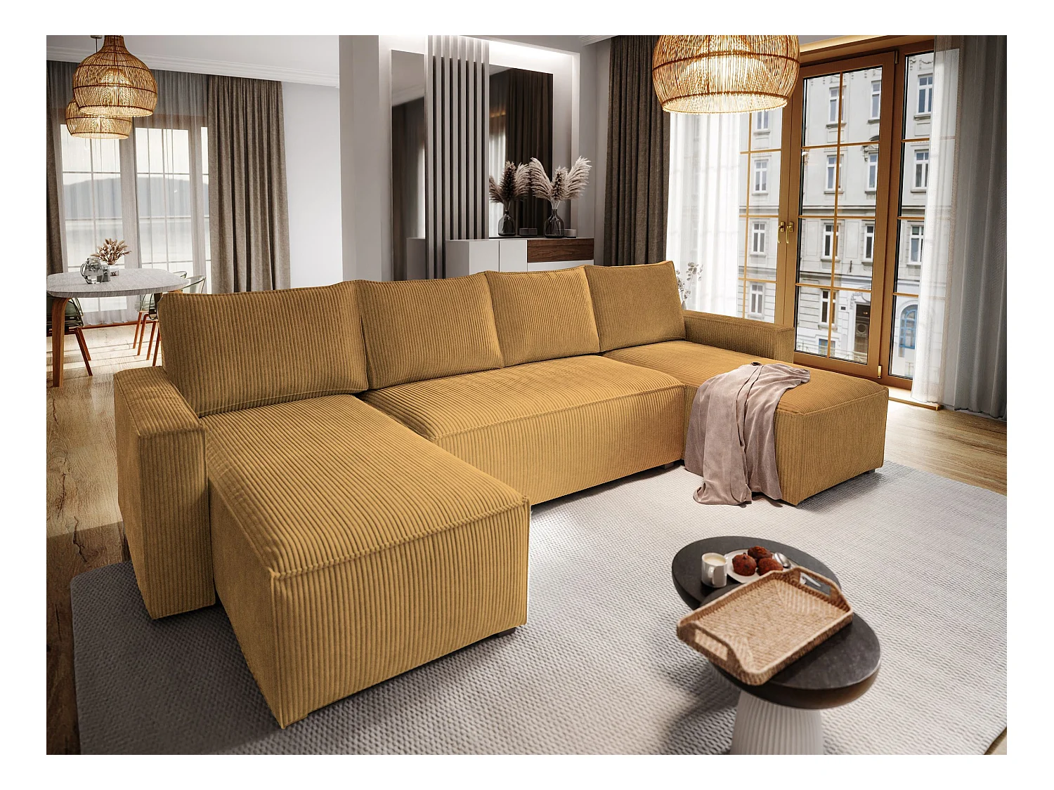 Canapé d'angle ASPRA Jaune en velours côtelé avec fonction de couchage