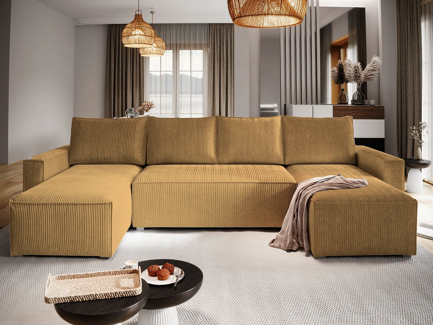 Canapé d'angle ASPRA Jaune en velours côtelé avec fonction de couchage