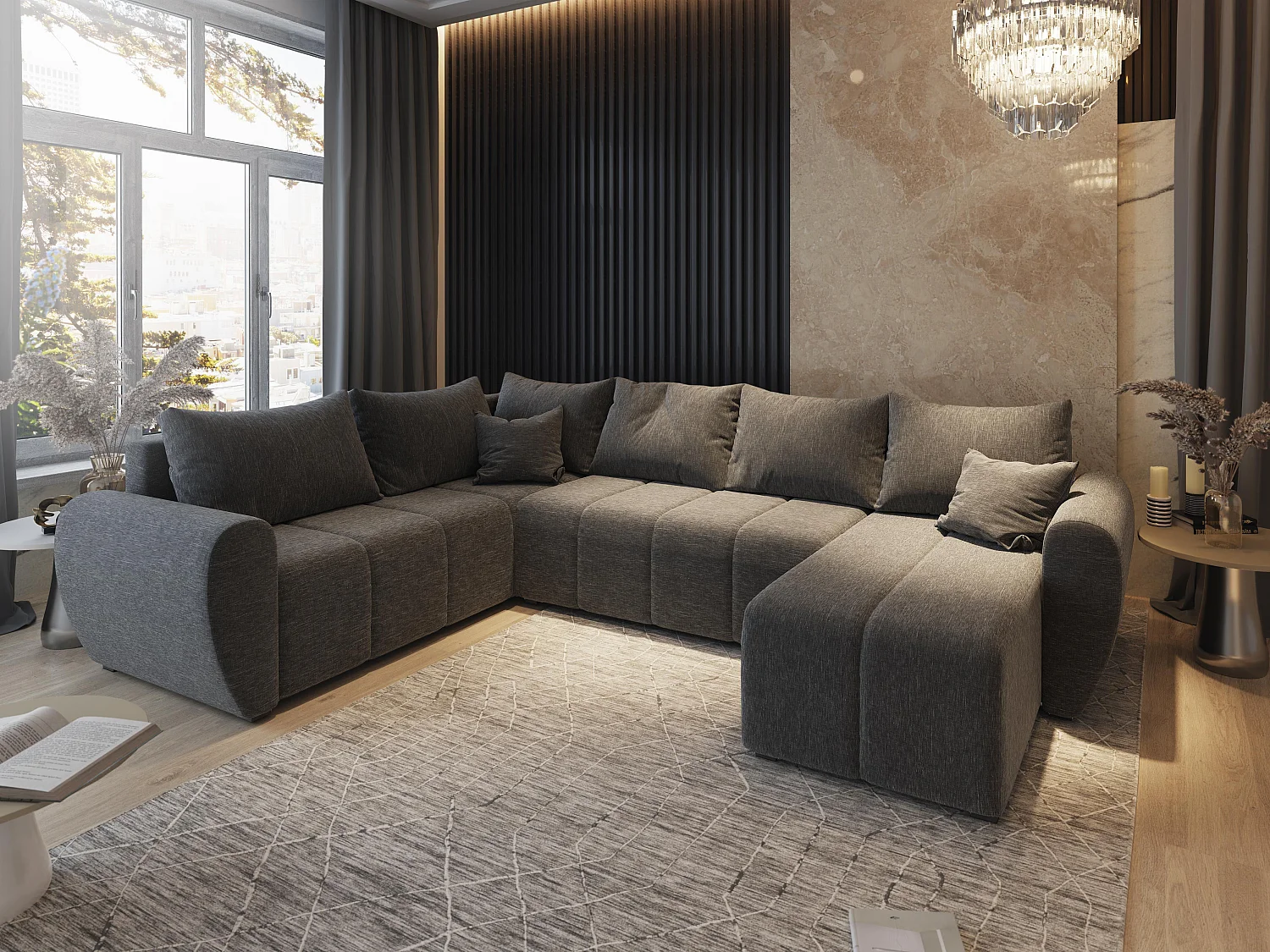 Canapé d'angle MADISON Gris en tissu texturé avec fonction de couchage