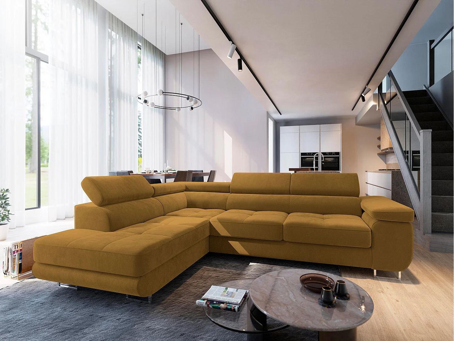 Canapé d'angle SELVA Jaune en velours avec fonction de couchage