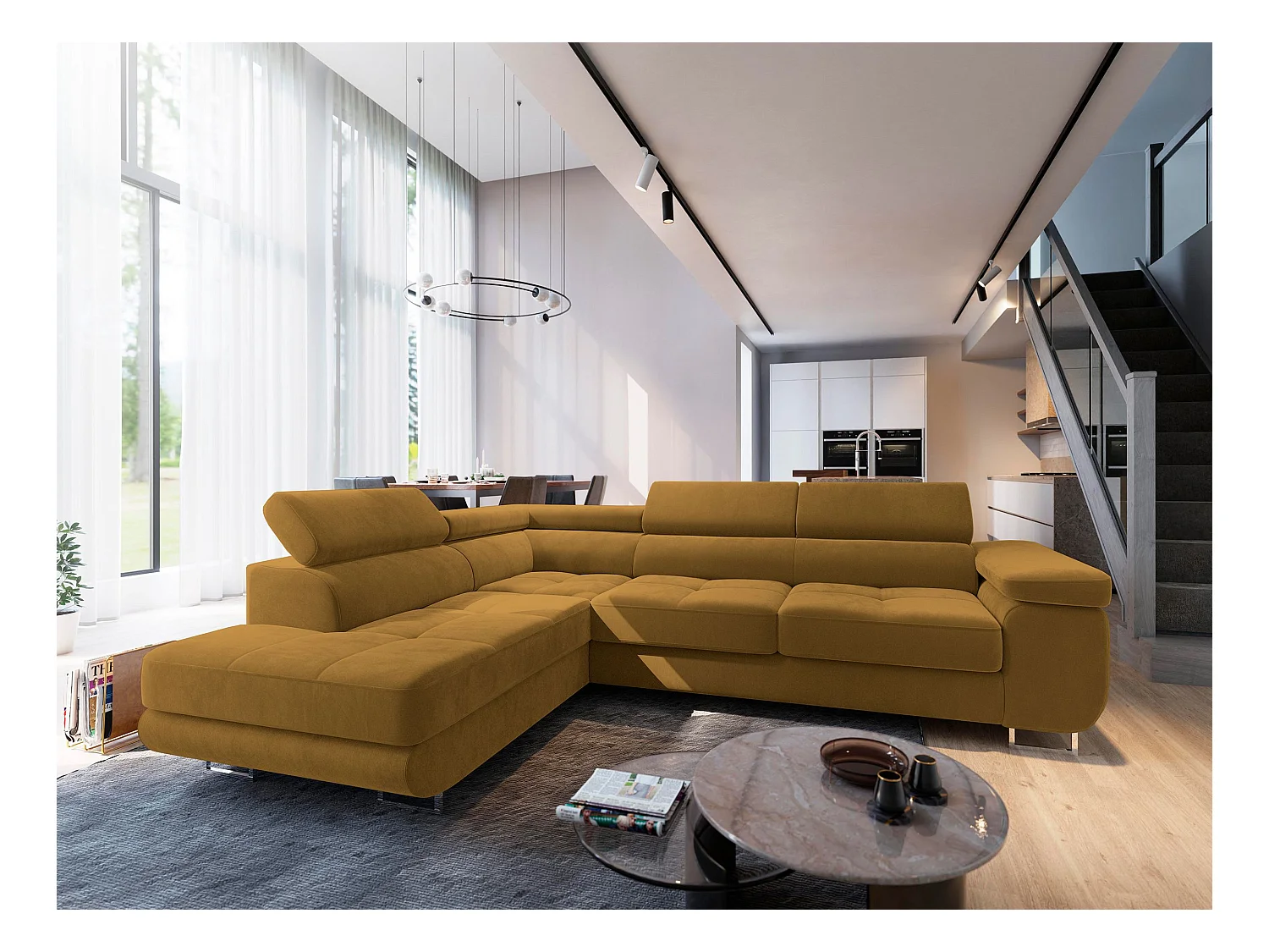 Canapé d'angle SELVA Jaune en velours avec fonction de couchage