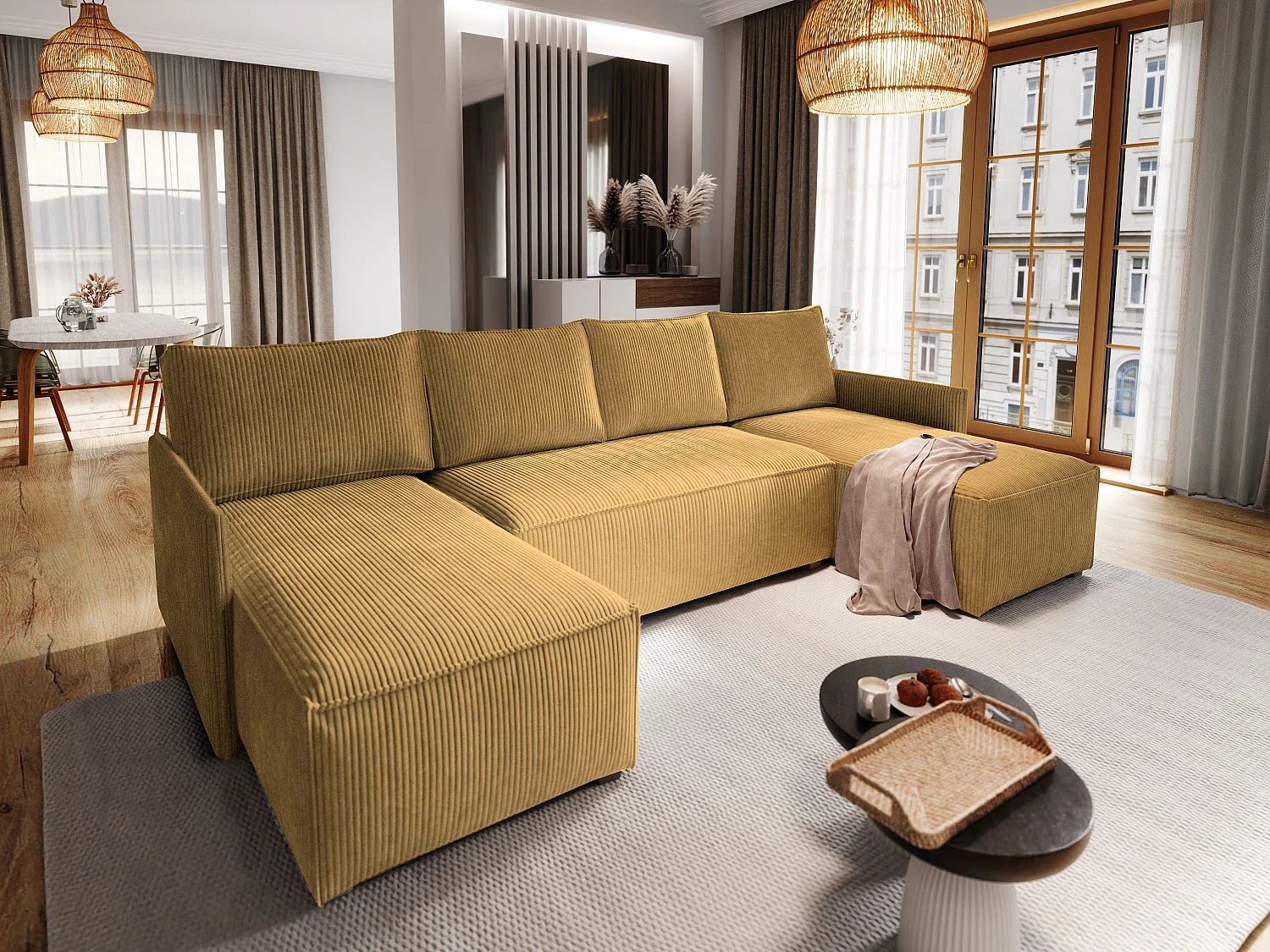 Canapé d'angle TRES Jaune en velours côtelé avec fonction de couchage