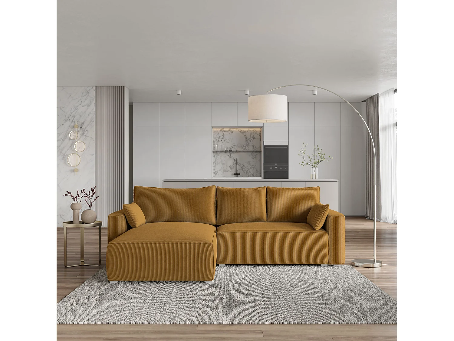 Canapé d'angle FORIL Jaune en velours côtelé avec fonction de couchage