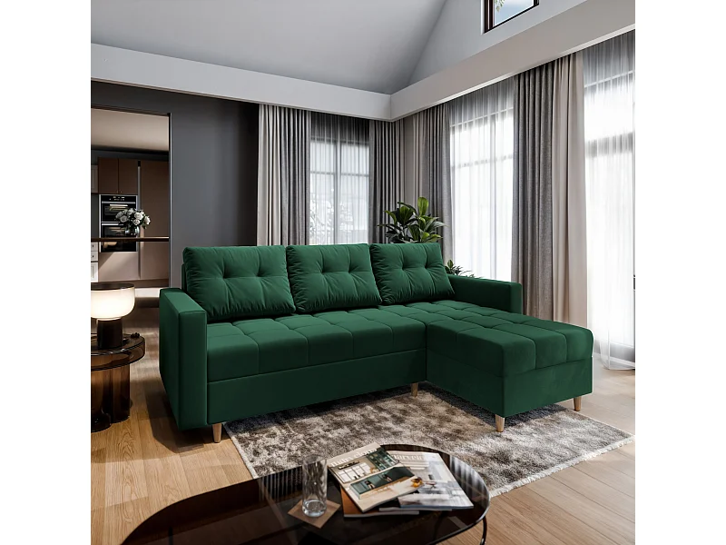 Canapé d'angle MILO Vert Sapin en peluche avec fonction de couchage