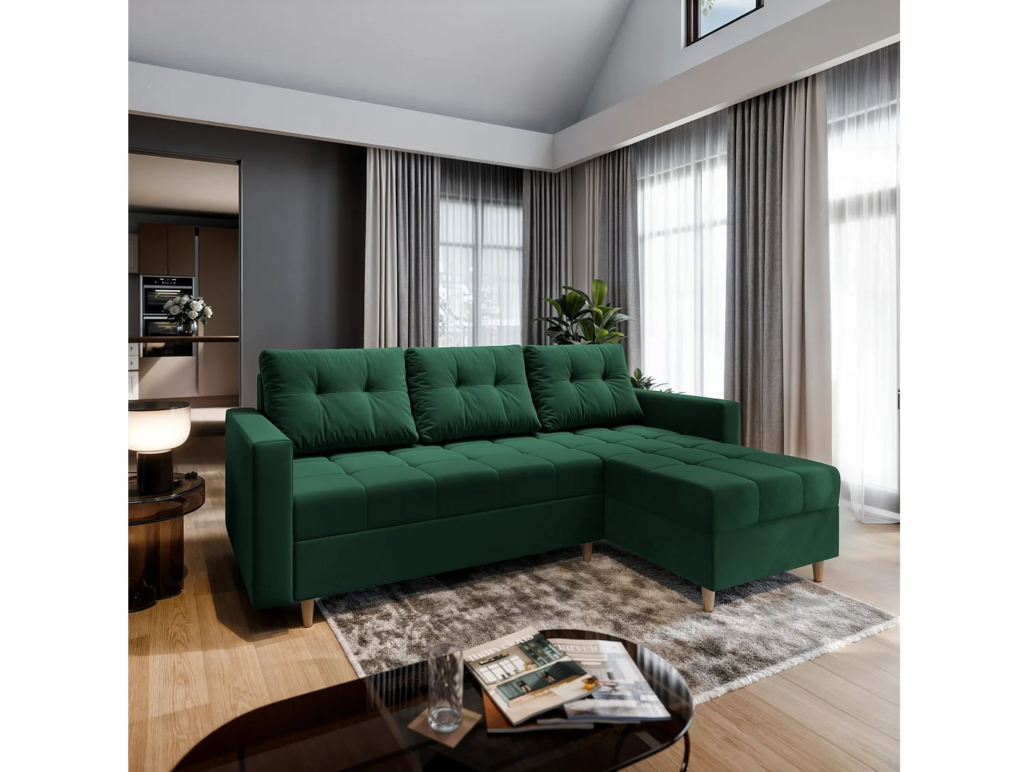 Canapé d'angle MILO Vert Sapin en peluche avec fonction de couchage