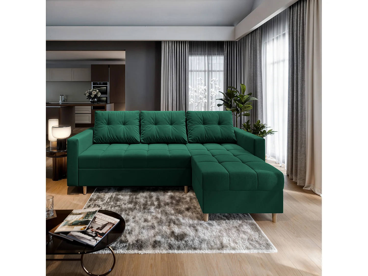 Canapé d'angle MILO Vert Sapin en peluche avec fonction de couchage