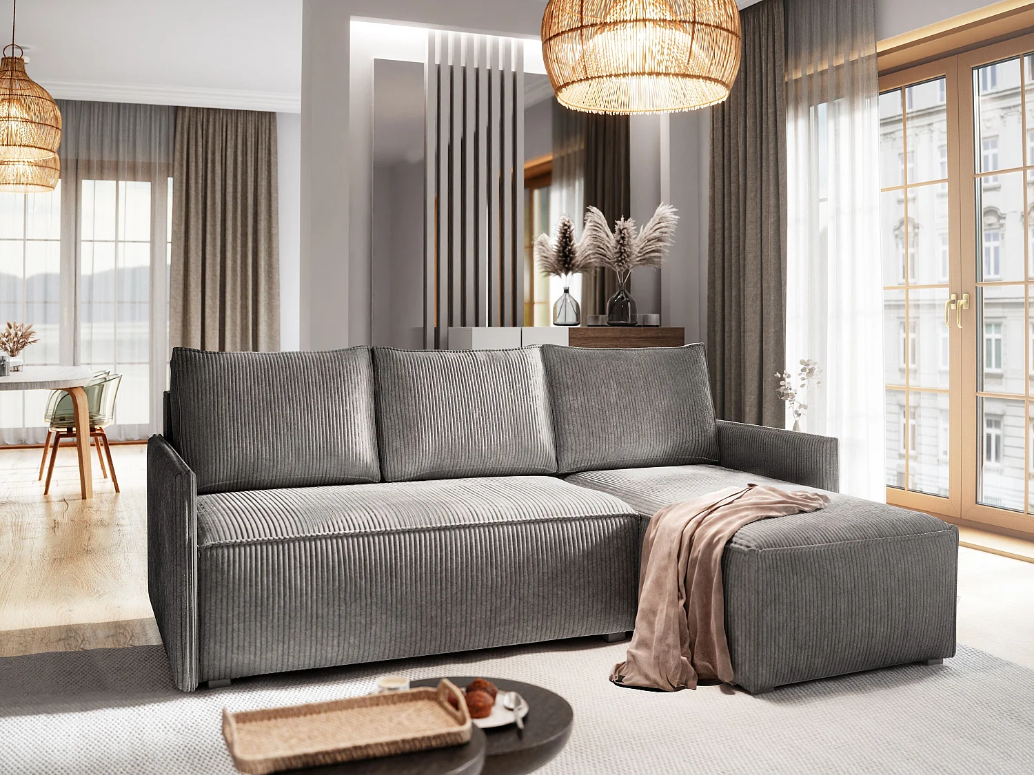 Canapé d'angle PERUSI Gris en velours côtelé avec fonction de couchage