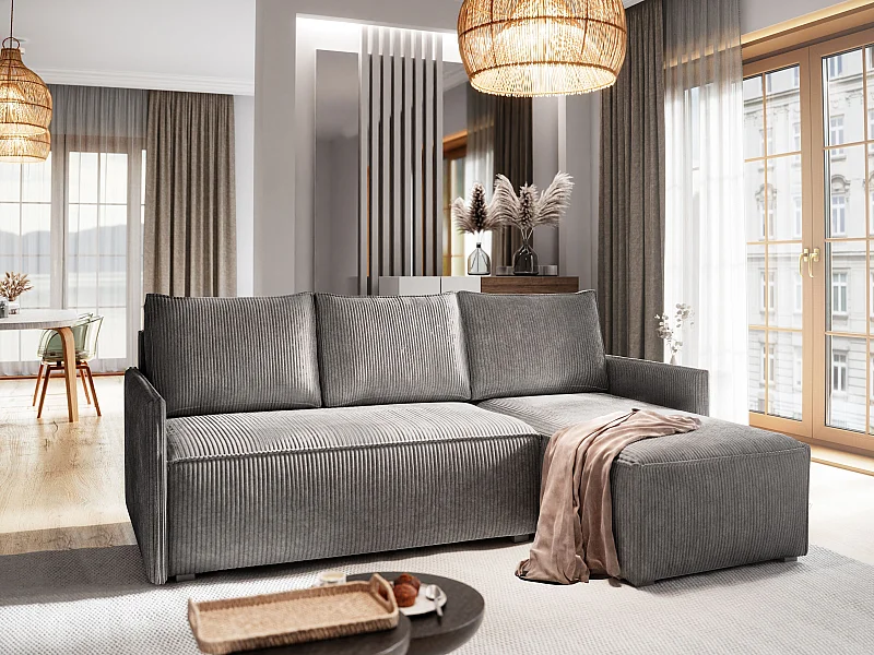 Canapé d'angle PERUSI Gris en velours côtelé avec fonction de couchage