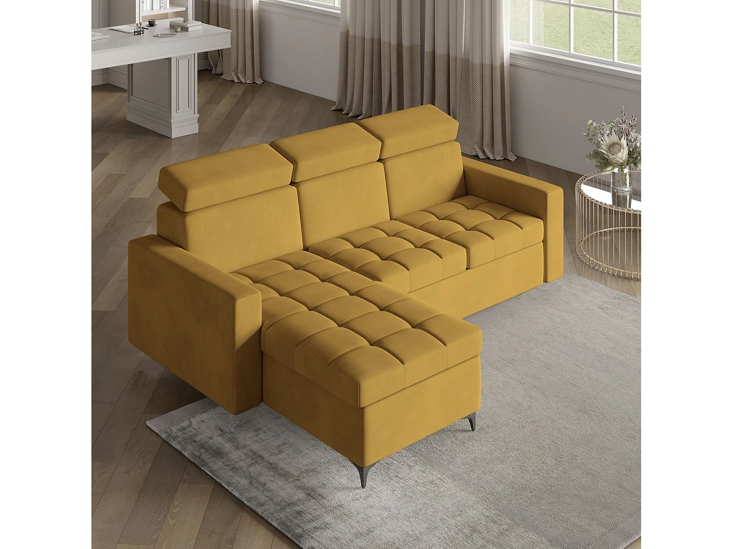 Canapé d'angle KAME Jaune en peluche avec fonction de couchage