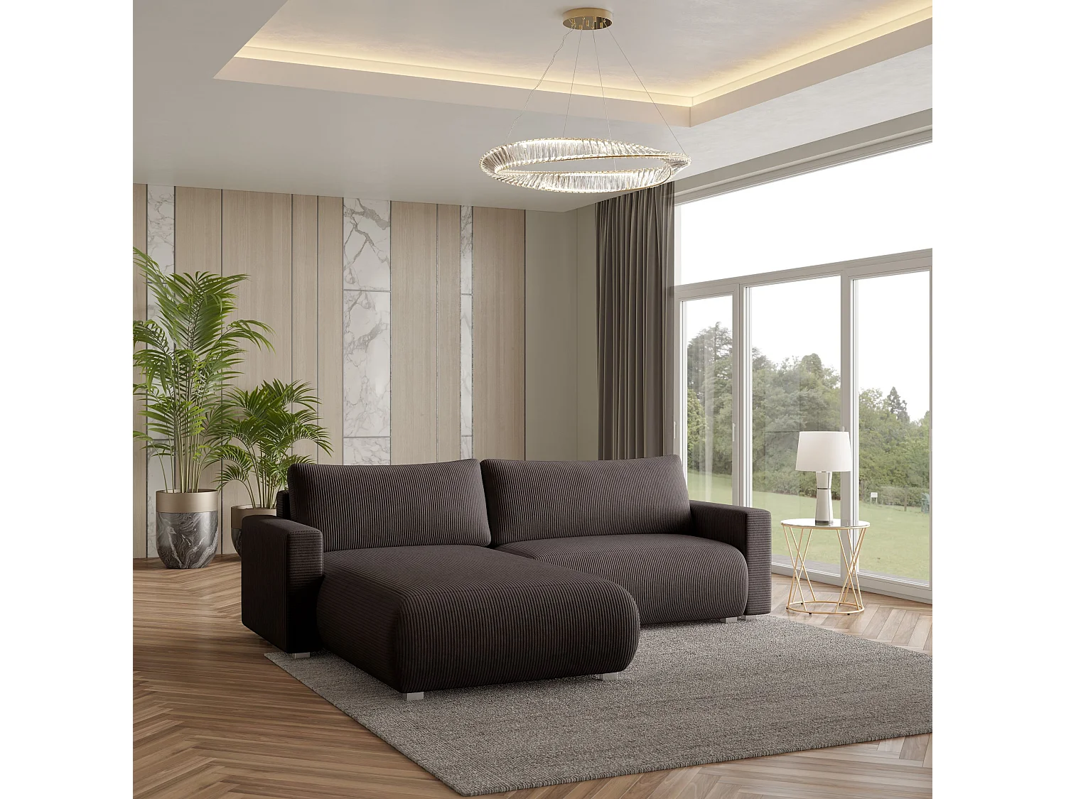 Canapé d'angle TURIN Marron en velours côtelé avec fonction de couchage