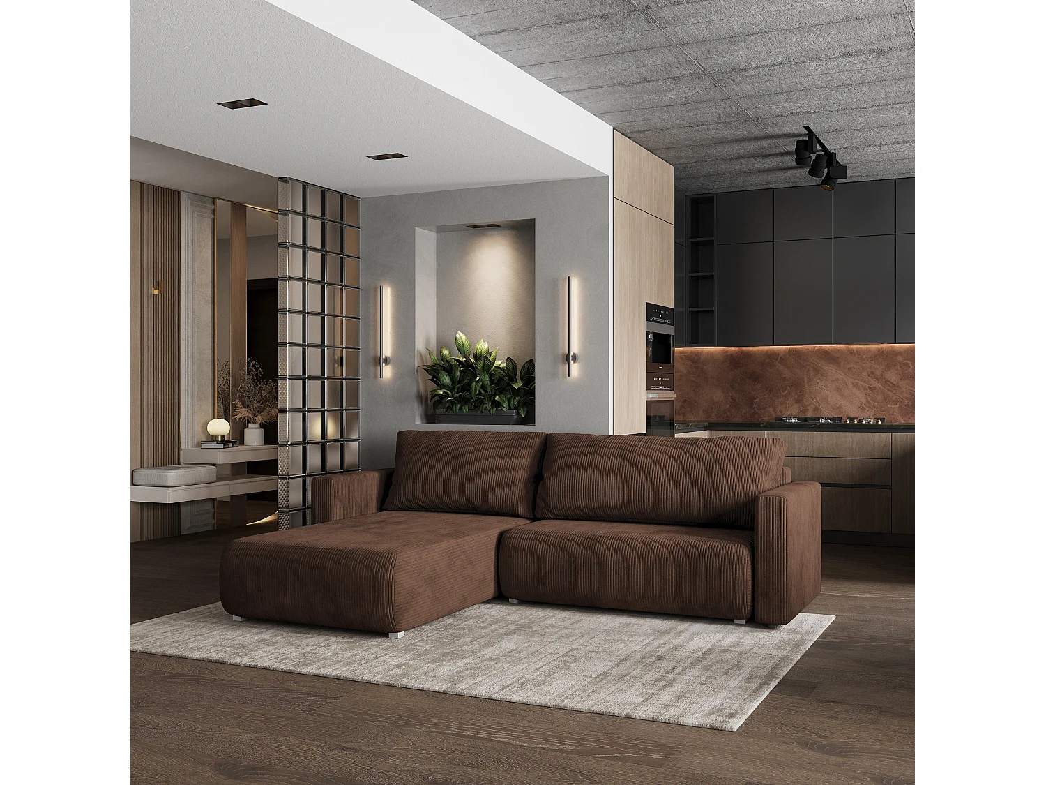 Canapé d'angle TURIN Marron en velours côtelé avec fonction de couchage