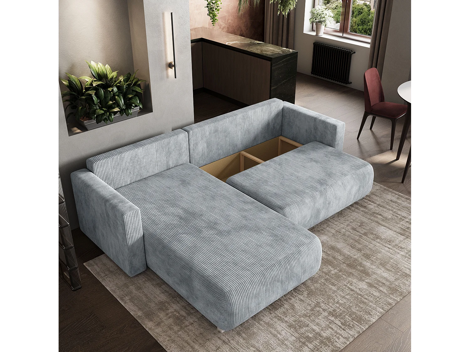 Canapé d'angle TURIN Marron en velours côtelé avec fonction de couchage