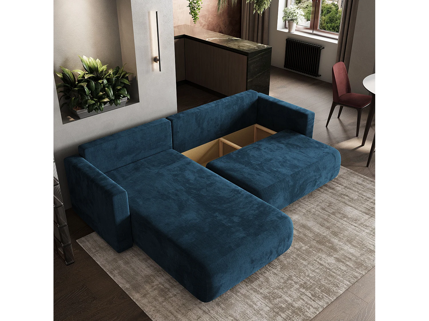 Hoekbank TURIN van fluweel met slaapfunctie Blau