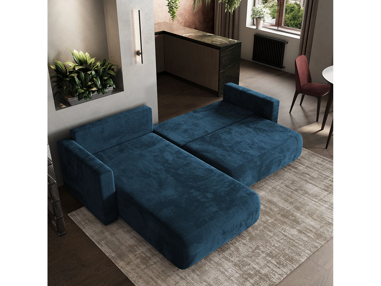 Hoekbank TURIN van fluweel met slaapfunctie Blau