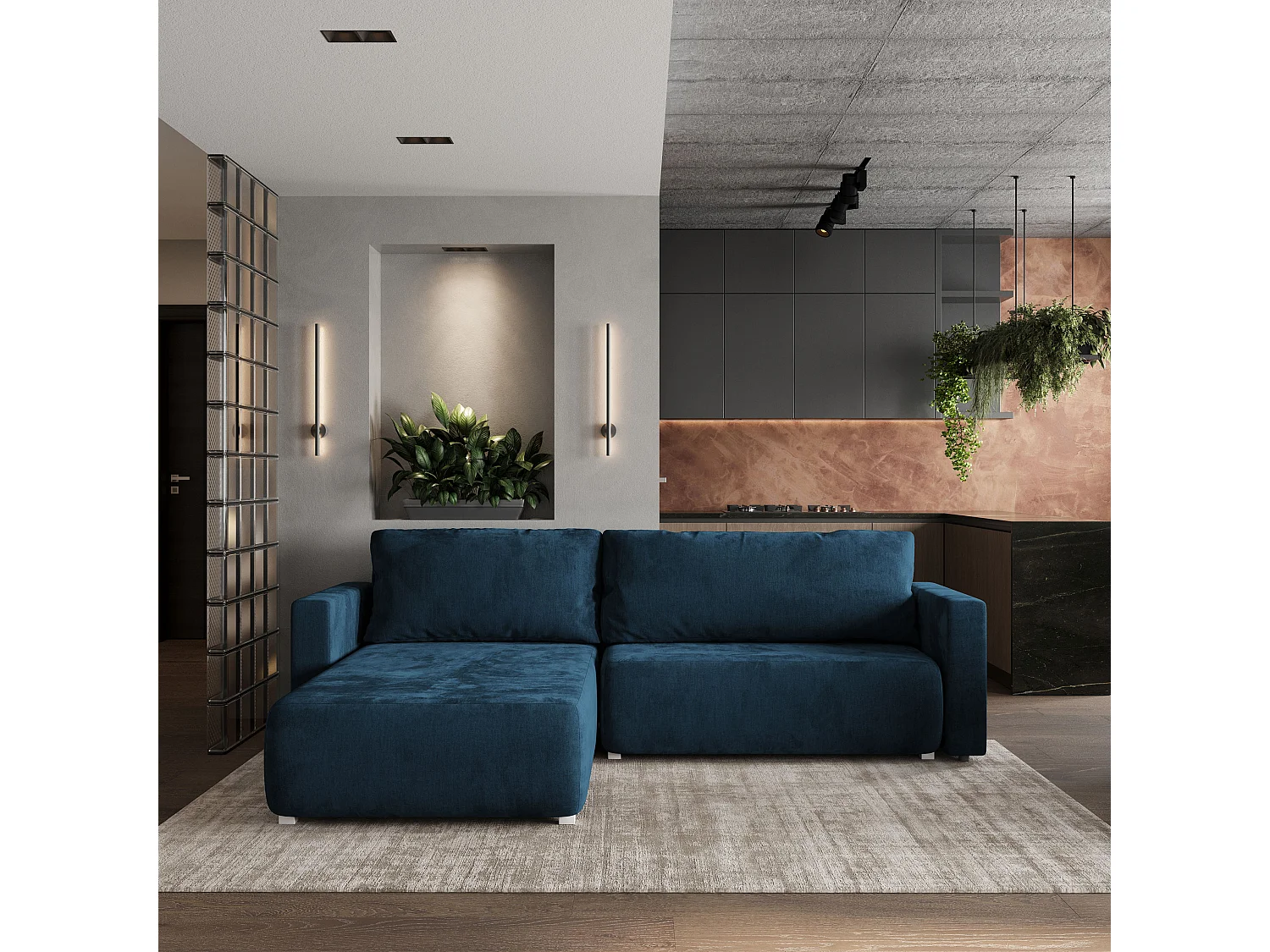 Hoekbank TURIN van fluweel met slaapfunctie Blau