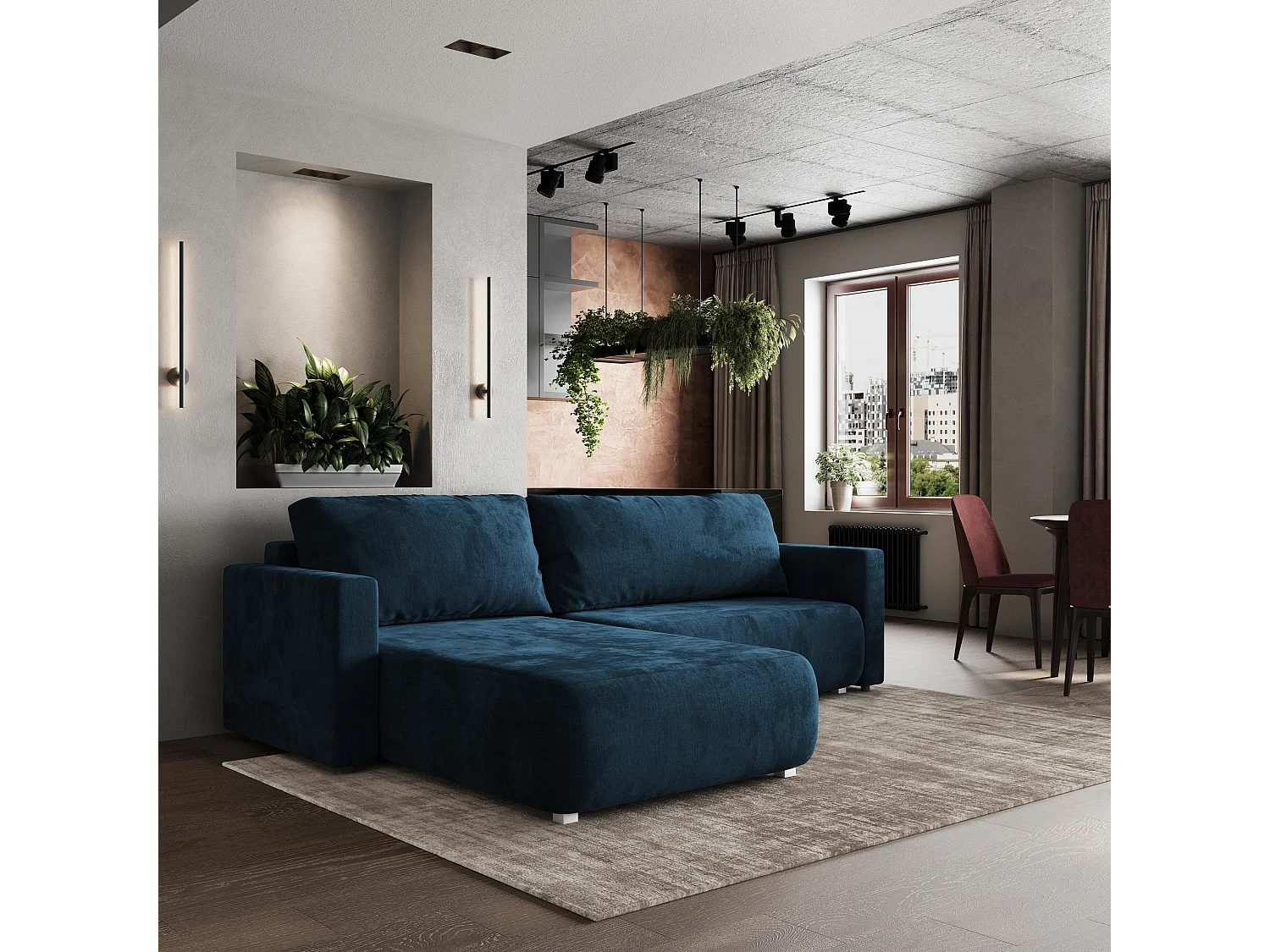 Hoekbank TURIN van fluweel met slaapfunctie Blau