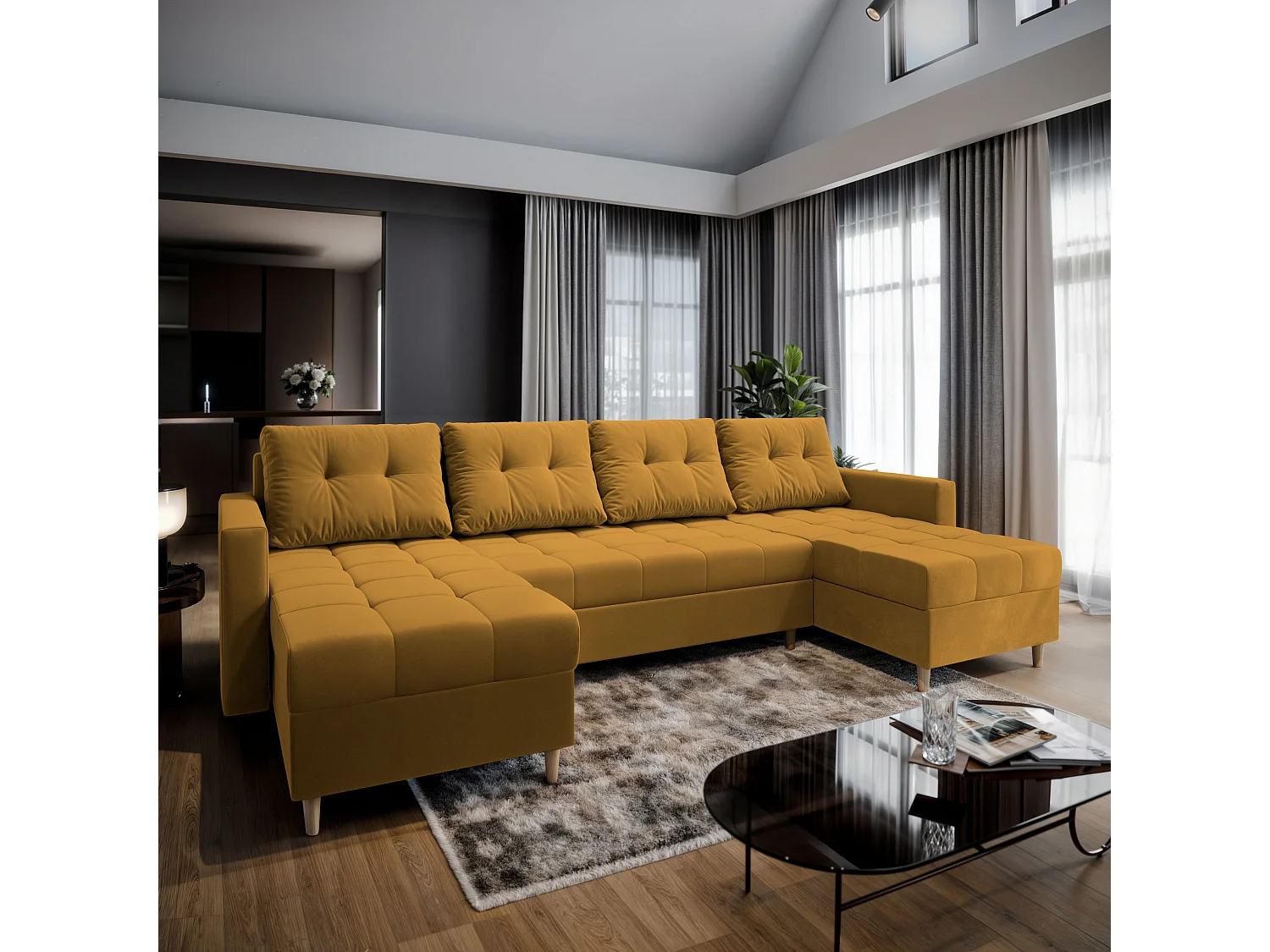 Canapé d'angle MILO Jaune en peluche avec fonction de couchage