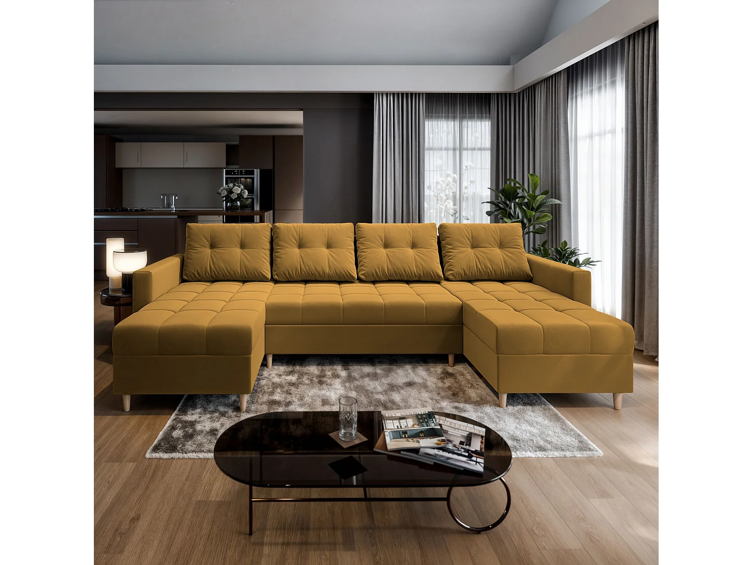 Canapé d'angle MILO Jaune en peluche avec fonction de couchage