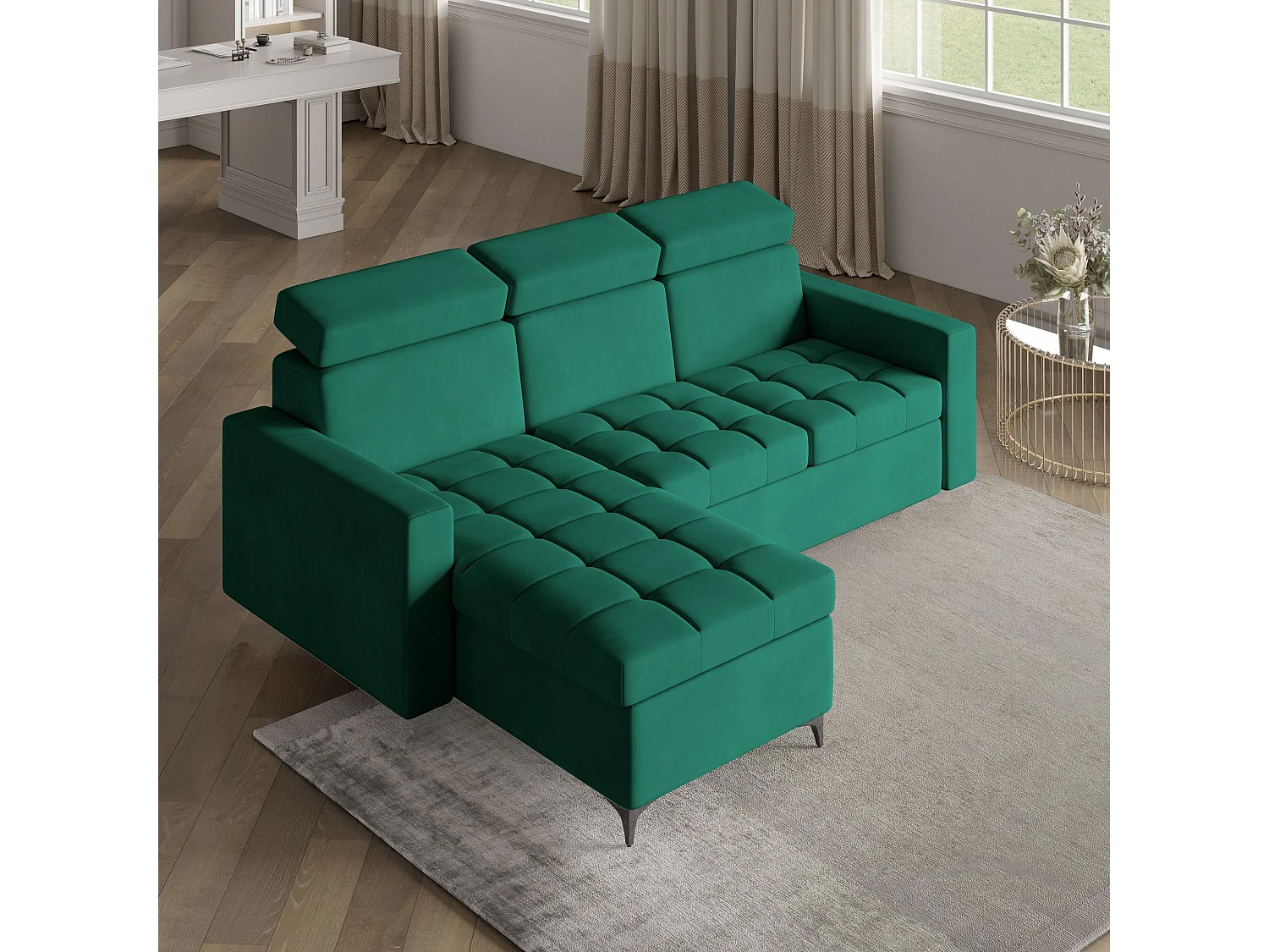 Canapé d'angle KAME Vert Sapin en peluche avec fonction de couchage