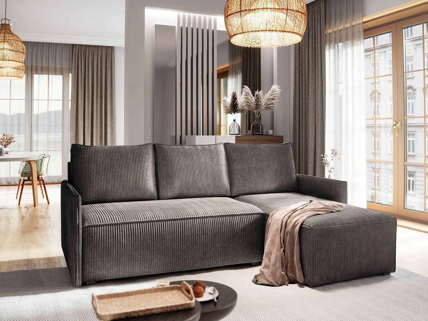 Canapé d'angle PERUSI Gris anthracite en velours côtelé avec fonction de couchage