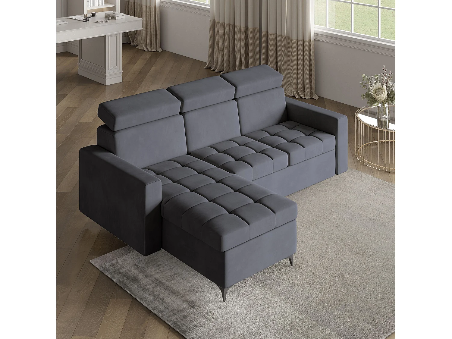 Canapé d'angle KAME Gris en peluche avec fonction de couchage