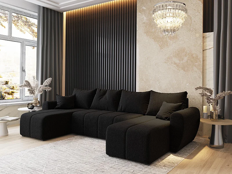 Canapé d'angle MADISON Noir en tissu texturé avec fonction de couchage