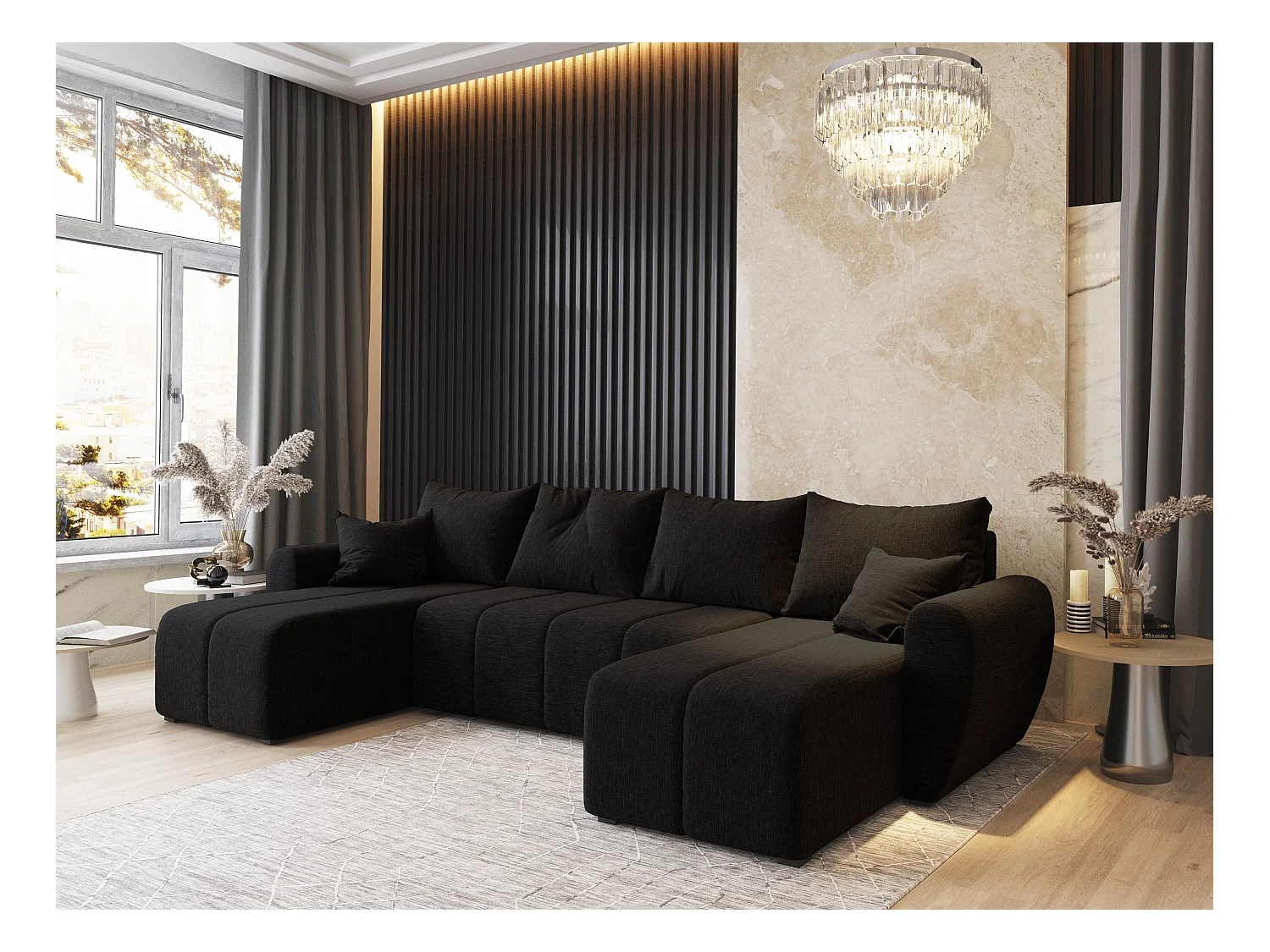 Canapé d'angle MADISON Noir en tissu texturé avec fonction de couchage