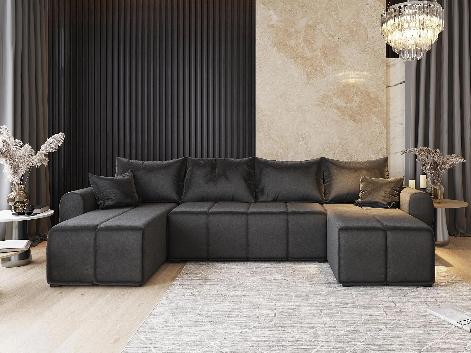 Canapé d'angle MADISON Noir en tissu texturé avec fonction de couchage