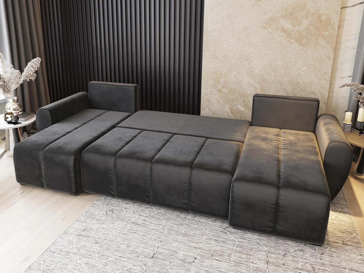 Canapé d'angle MADISON Noir en tissu texturé avec fonction de couchage