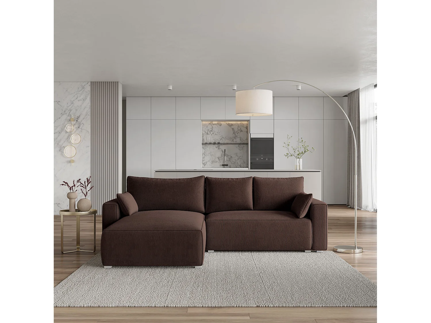 Canapé d'angle FORIL Marron en velours côtelé avec fonction de couchage