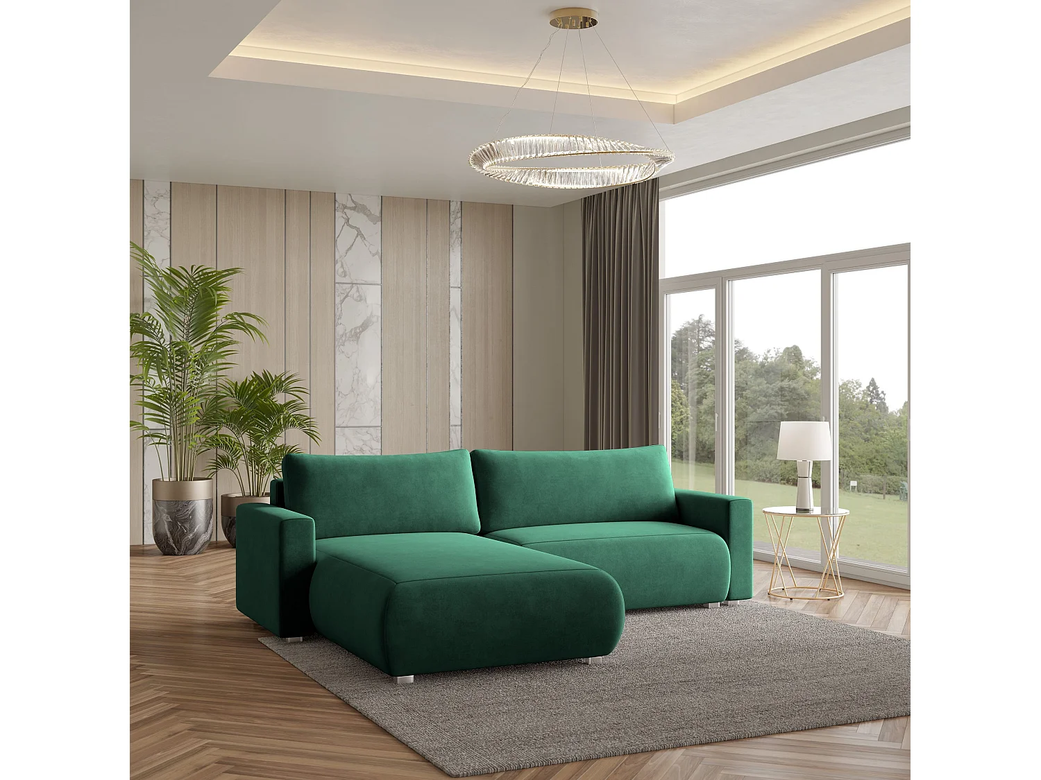 Canapé d'angle TURIN Vert Sapin en velours avec fonction de couchage