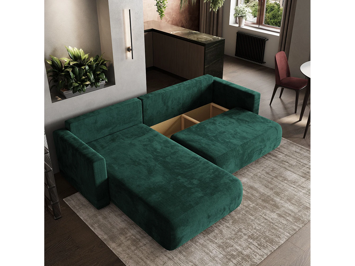 Hoekbank TURIN van fluweel met slaapfunctie Grün