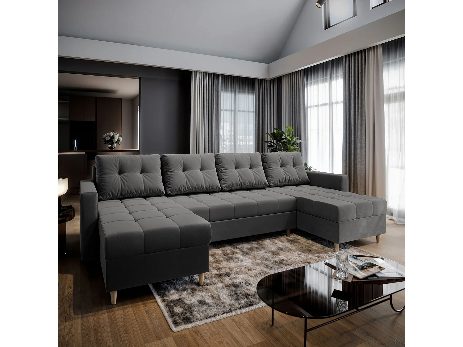 Canapé d'angle MILO Gris en peluche avec fonction de couchage