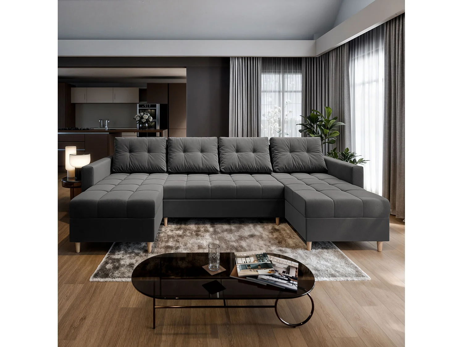 Canapé d'angle MILO Gris en peluche avec fonction de couchage