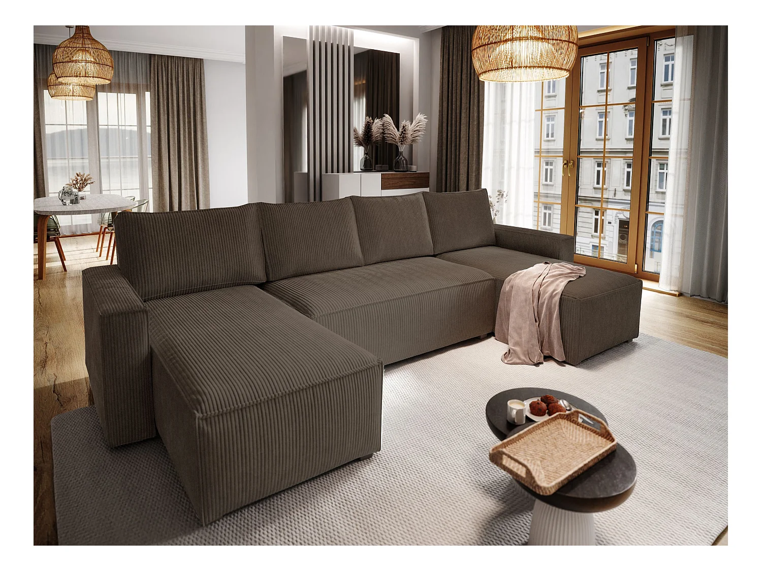 Canapé d'angle ASPRA Marron en velours côtelé avec fonction de couchage