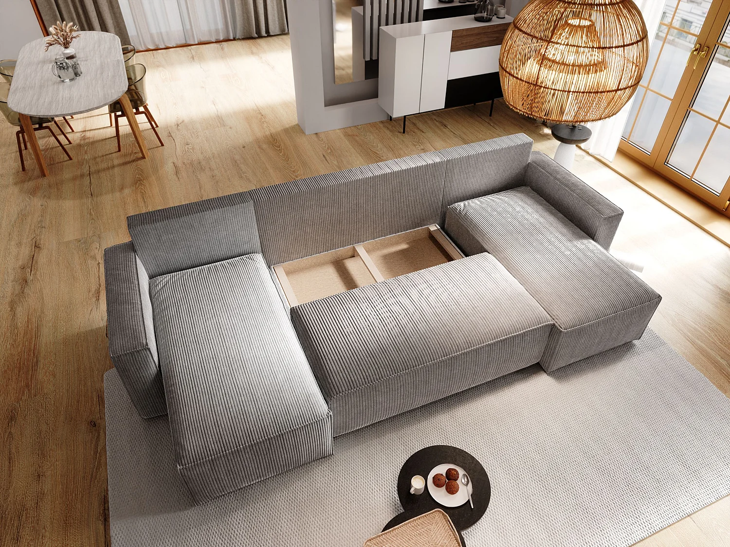 Canapé d'angle ASPRA Marron en velours côtelé avec fonction de couchage