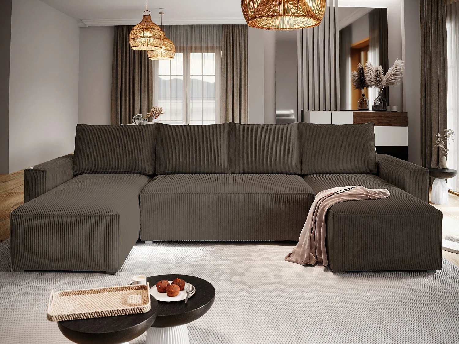 Canapé d'angle ASPRA Marron en velours côtelé avec fonction de couchage