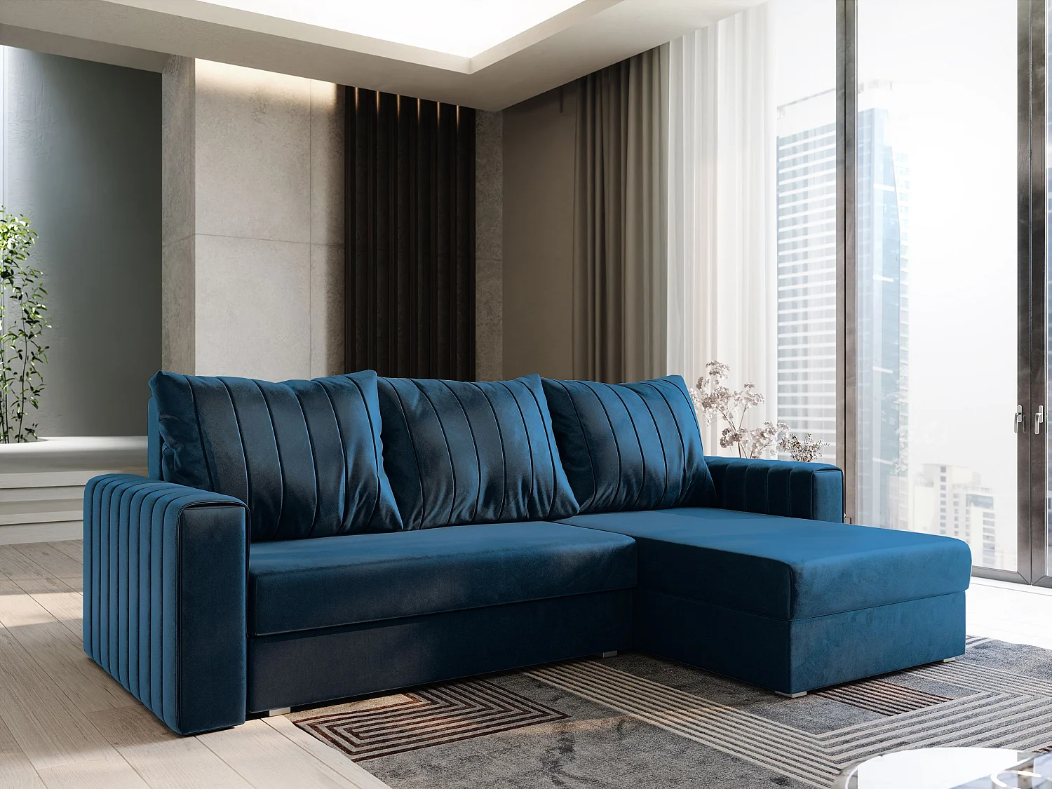 Hoekbank CARL van fluweel met slaapfunctie Blau