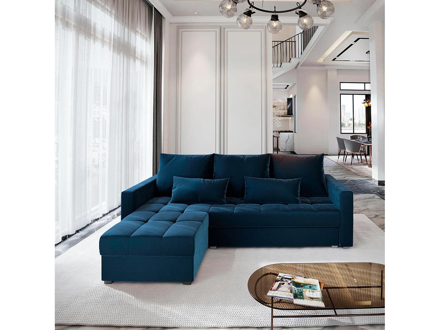 Canapé d'angle KOS PIK Bleu en peluche avec fonction de couchage