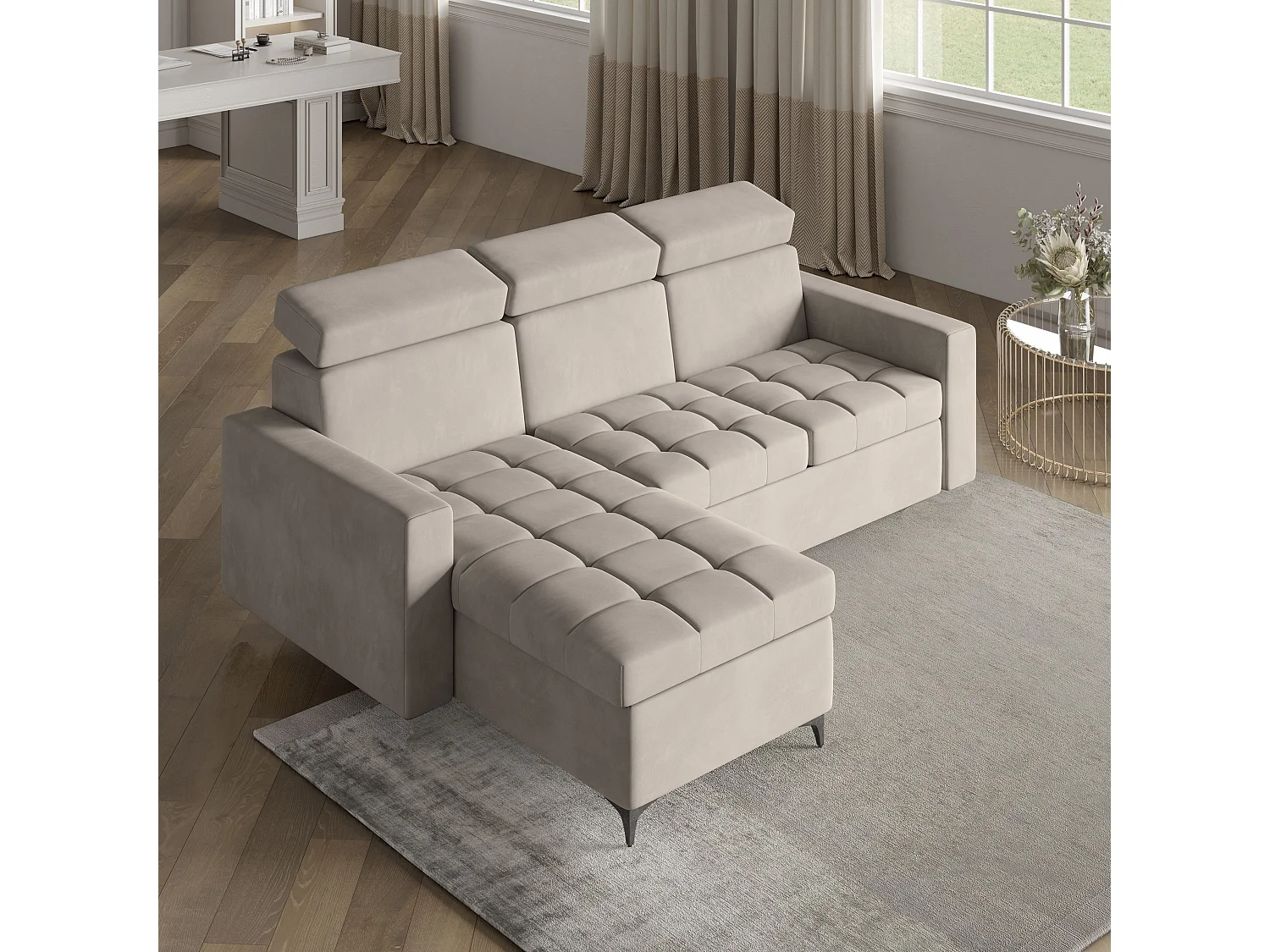 Canapé d'angle KAME Beige en peluche avec fonction de couchage